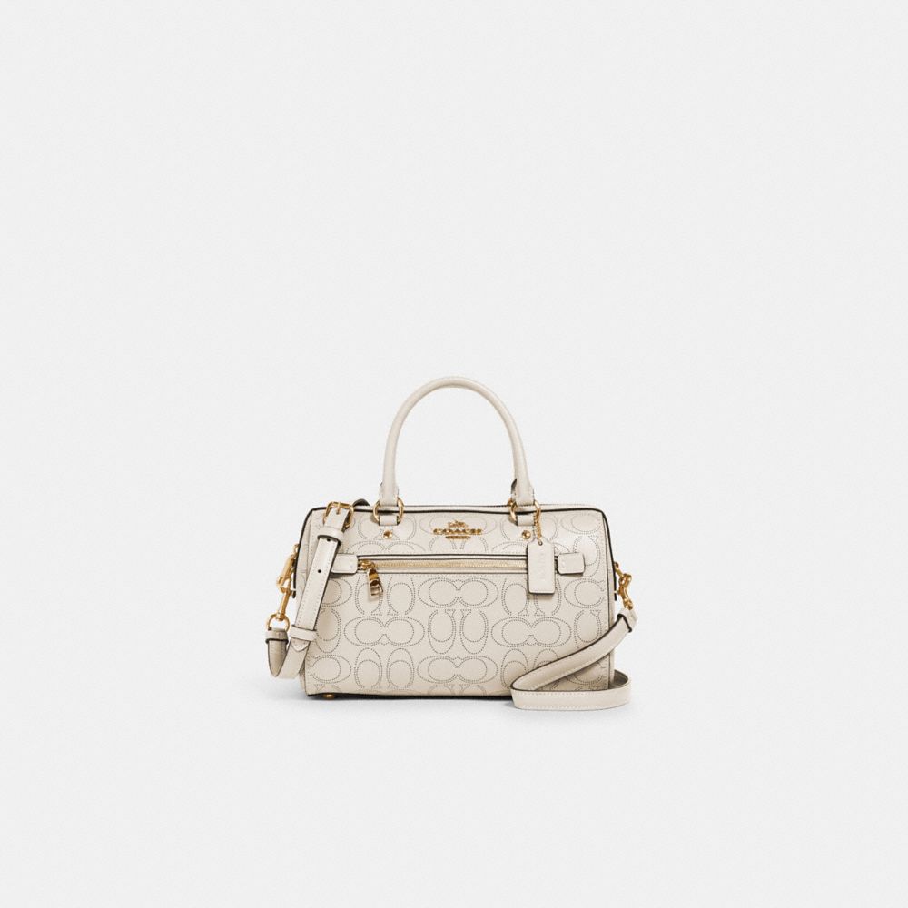 COACH®,ROWAN SATCHEL BAG IN SIGNATURE LEATHER,Novelty Leather,Medium,Gold/Chalk,Front View
