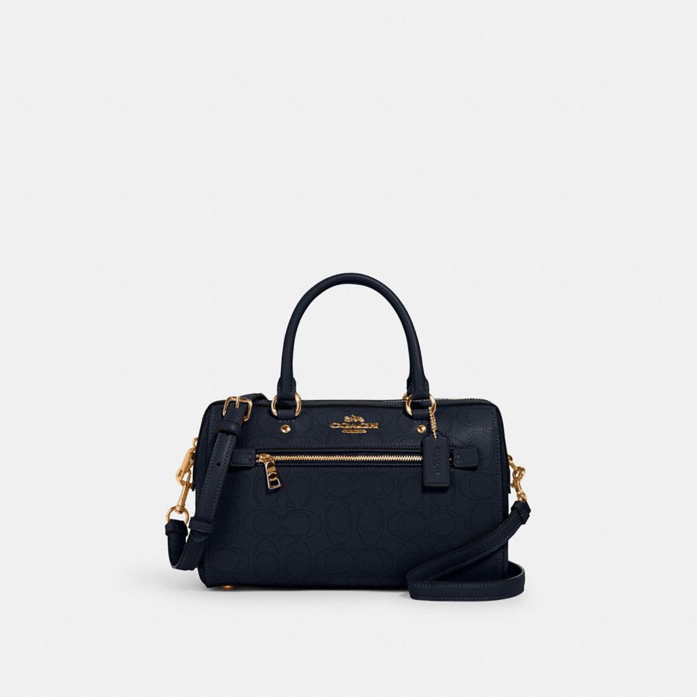 COACH®,ROWAN SATCHEL BAG IN SIGNATURE LEATHER,Novelty Leather,Medium,Gold/Midnight,Front View