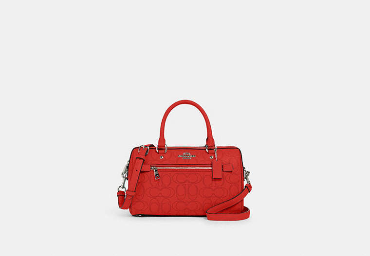 COACH®,ROWAN SATCHEL IN SIGNATURE LEATHER,Leather,Medium,Gunmetal/Miami Red,Front View