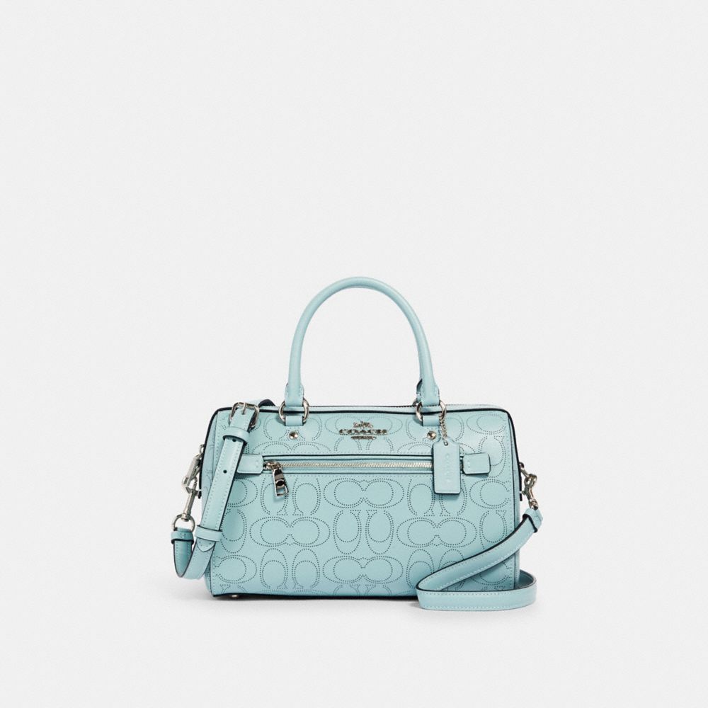 COACH®,ROWAN SATCHEL BAG IN SIGNATURE LEATHER,Novelty Leather,Medium,Silver/SEAFOAM,Front View