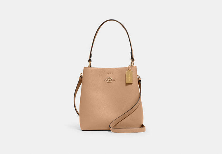 COACH®,SMALL TOWN BUCKET BAG,Pebbled Leather,Medium,Gold/Taupe Oxblood,Front View
