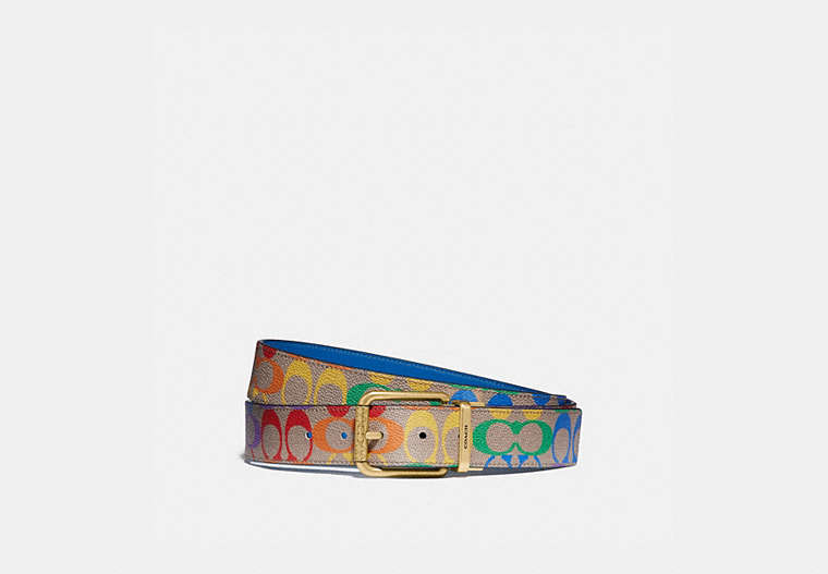COACH®,ROLLER BUCKLE CUT-TO-SIZE REVERSIBLE BELT IN RAINBOW SIGNATURE CANVAS, 38MM,Signature Coated Canvas/Smoot...,Multi,Front View