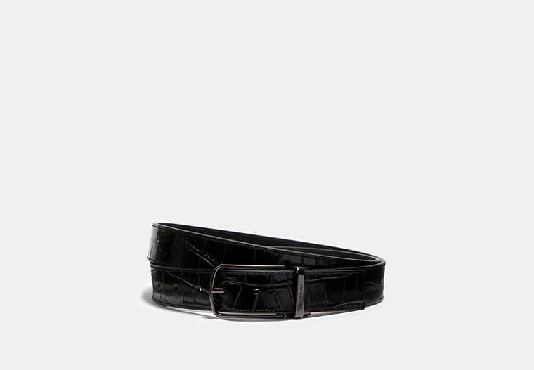 COACH®,SKINNY BUCKLE CUT-TO-SIZE REVERSIBLE DRESS BELT, 32MM,Leather,Gunmetal/Black,Front View