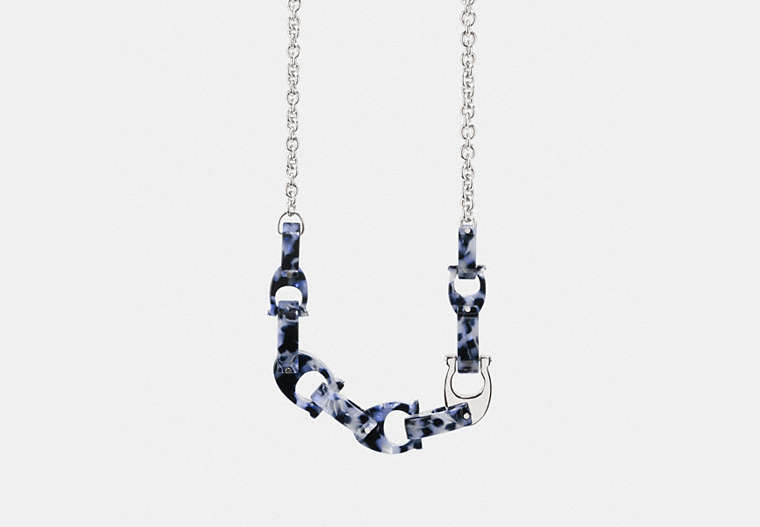 COACH®,CHUNKY SCULPTED SIGNATURE CHAIN STATEMENT NECKLACE,cubiczirconia,Silver/Blue,Front View