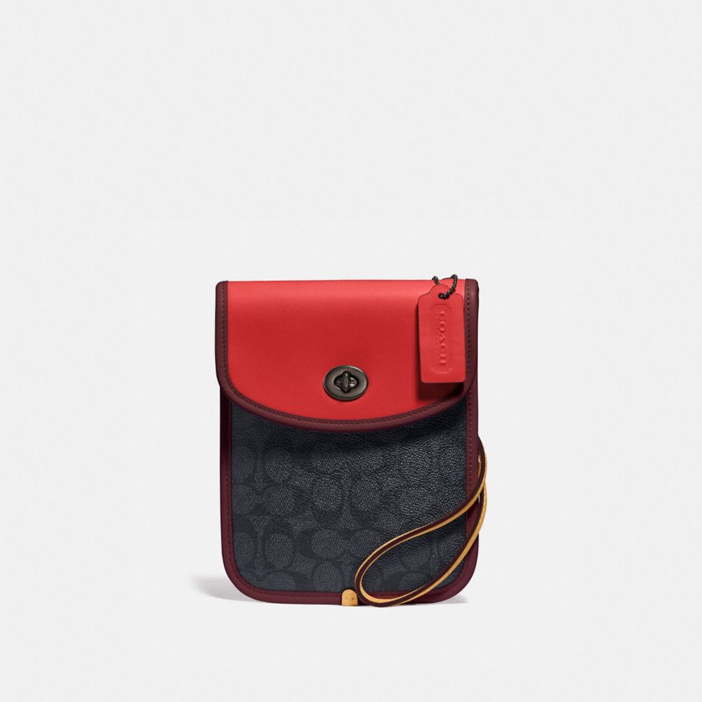COACH®,TURNLOCK FLAT CROSSBODY IN SIGNATURE CANVAS,n/a,Chrcl/ Carmine/ Crnbry Red,Front View