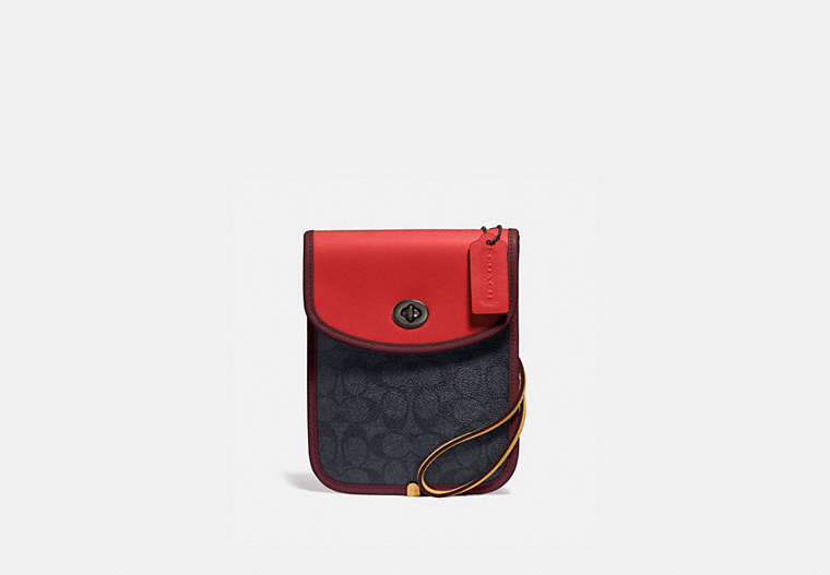 COACH®,TURNLOCK FLAT CROSSBODY IN SIGNATURE CANVAS,n/a,Chrcl/ Carmine/ Crnbry Red,Front View image number 0