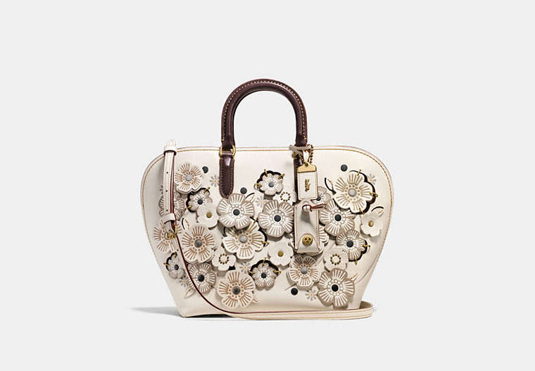 COACH®,DAKOTAH SATCHEL WITH LINKED TEA ROSE,Leather,Large,Brass/Chalk,Front View