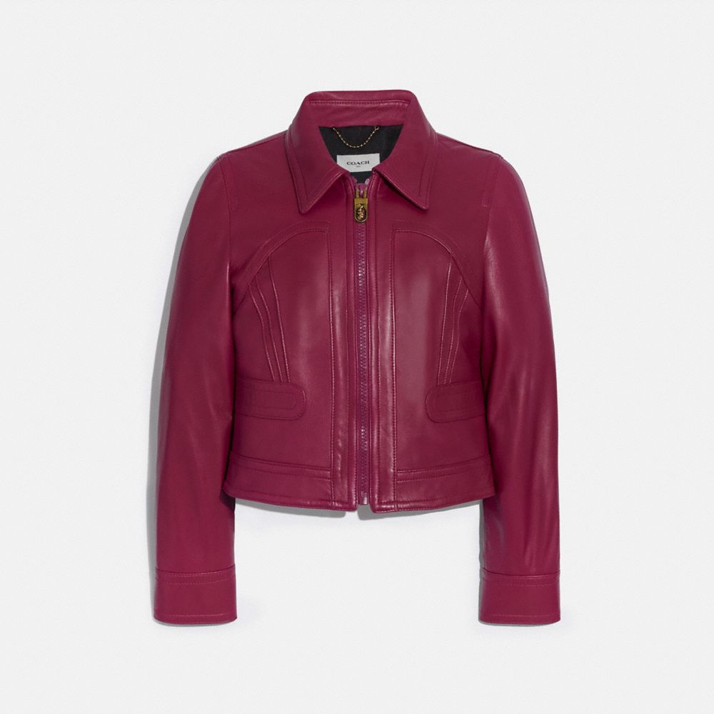 COACH®,CROPPED LEATHER BLOUSON,Leather,Tweed Berry,Front View