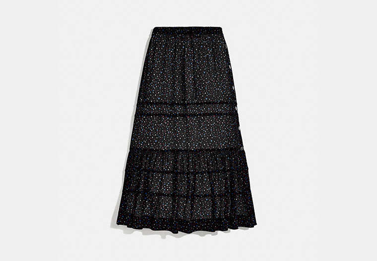 COACH®,TIERED SKIRT WITH SNAPS,Silk,Black/Blue,Front View image number 0