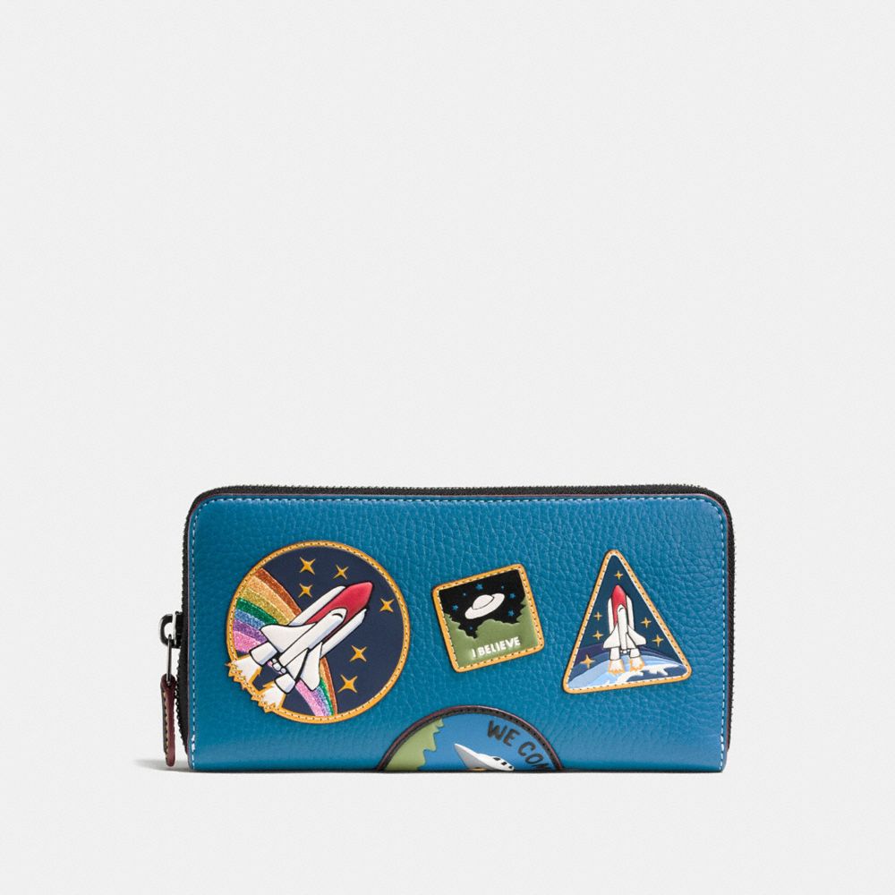 COACH®,ACCORDION ZIP WALLET WITH SPACE PATCHES,Leather,Black Copper/River,Front View
