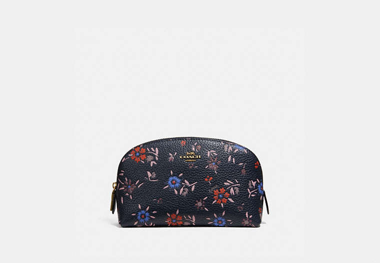 COACH®,COSMETIC CASE 17 WITH WILDFLOWER PRINT,Pebble Leather,Brass/Midnight Navy Multi,Front View