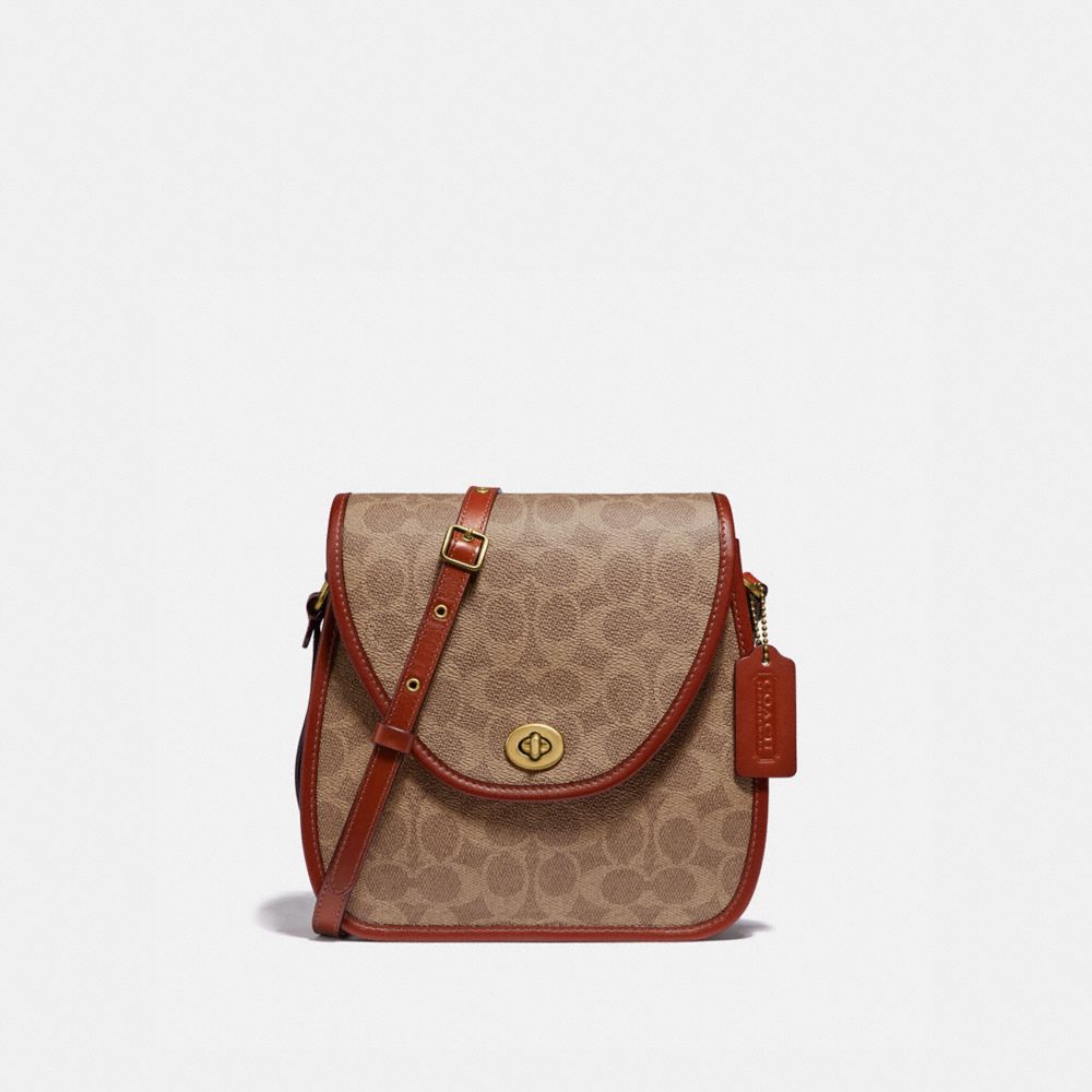 COACH®,TURNLOCK FLAP SQUARE POUCH IN SIGNATURE CANVAS,pvc,Small,Brass/Tan/Rust,Front View
