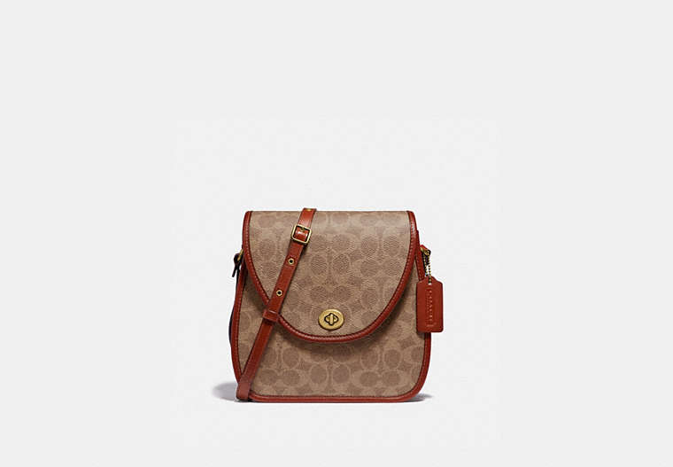 COACH®,TURNLOCK FLAP SQUARE POUCH IN SIGNATURE CANVAS,pvc,Small,Brass/Tan/Rust,Front View image number 0