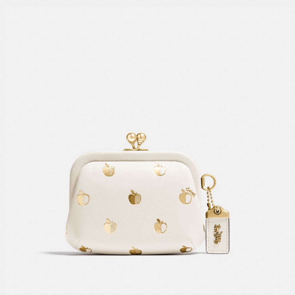 COACH®,KISSLOCK COIN CASE WITH APPLE PRINT,Leather,Mini,Brass/Chalk Multi,Front View