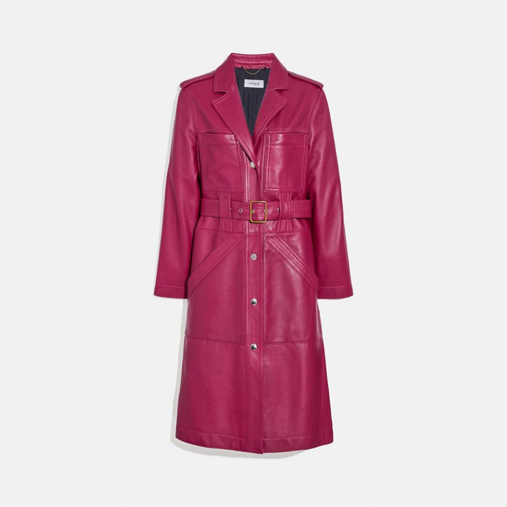 COACH®,LEATHER TRENCH COAT,Leather,Tweed Berry,Front View