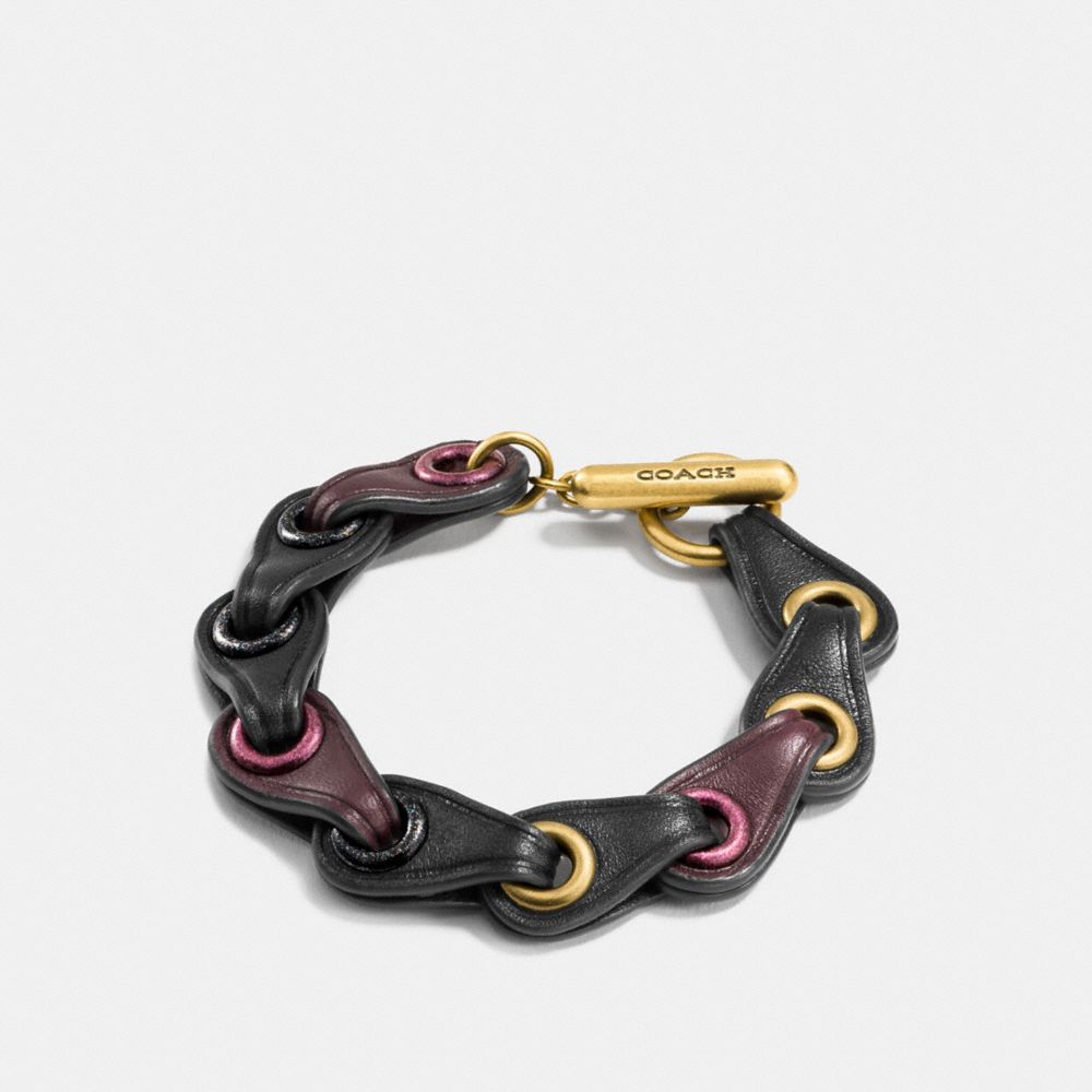COACH®,COACH LINK BRACELET,Leather,Gold/Oxblood,Front View