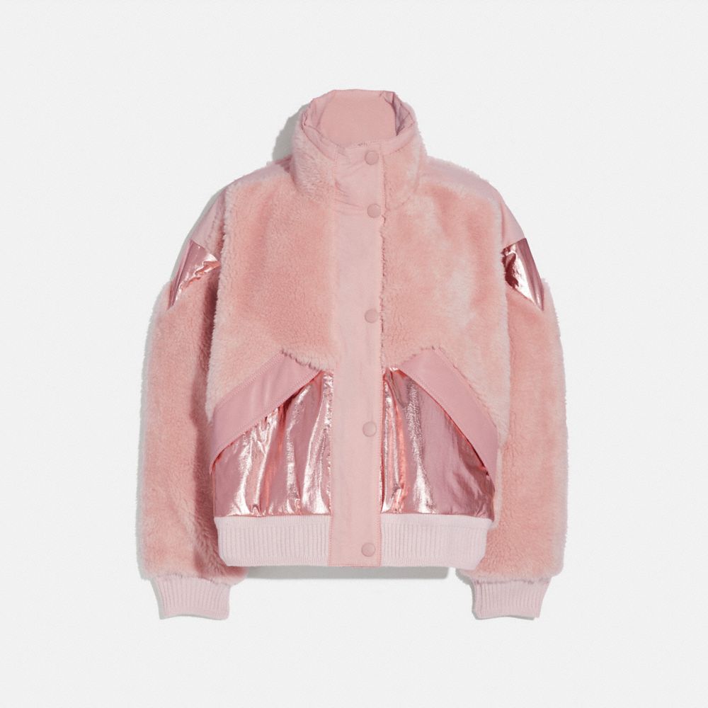 COACH®,PIECED FLEECE JACKET,Polyester,PINK,Front View image number 0