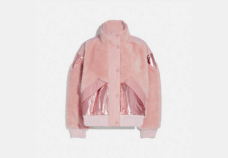 COACH®,PIECED FLEECE JACKET,Polyester,PINK,Front View