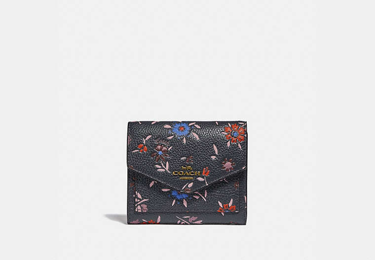 COACH®,SMALL WALLET WITH WILDFLOWER PRINT,Leather,Brass/Midnight Navy Multi,Front View