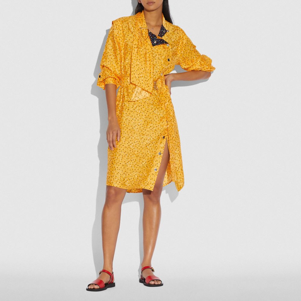 Dot Print Architectural Drape Belted Dress