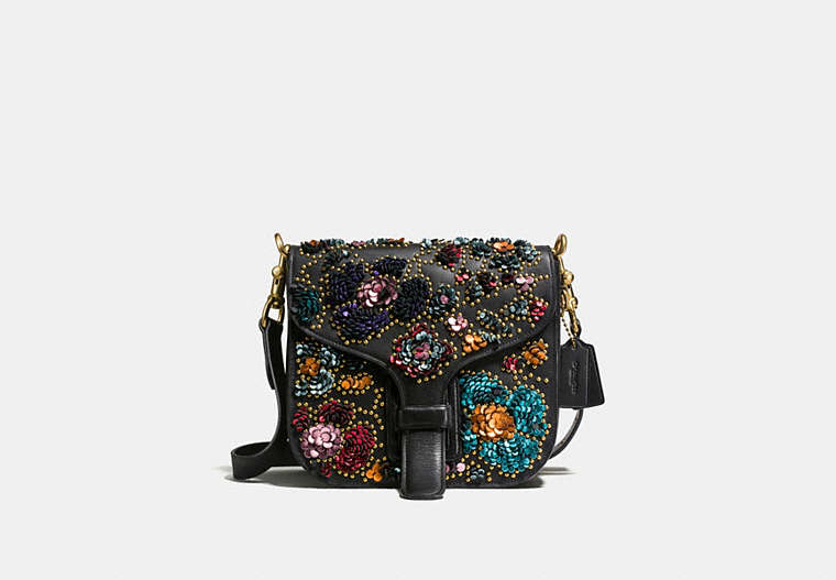 COACH®,COURIER BAG IN GLOVETANNED LEATHER WITH LEATHER SEQUINS,Leather,Medium,Brass/Black Multi,Front View