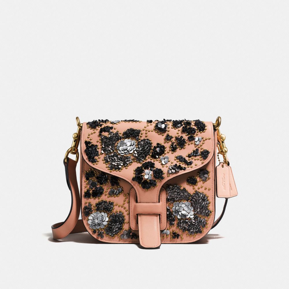 COACH®,COURIER BAG IN GLOVETANNED LEATHER WITH LEATHER SEQUINS,Leather,Medium,OL/PINK MULTICOLOR,Front View