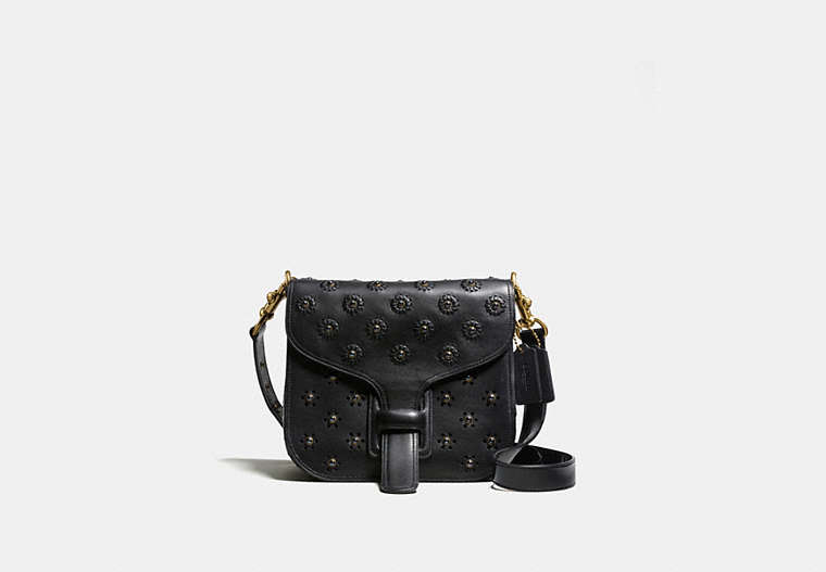 COACH®,COURIER BAG IN GLOVETANNED LEATHER WITH WHIPSTITCH EYELET AND CROCODILE DETAIL,Leather,Medium,Brass/Black,Front View