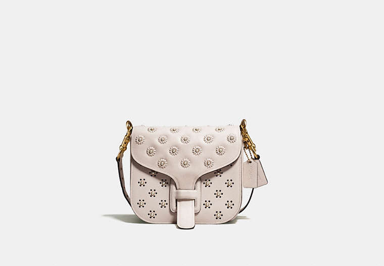 COACH®,COURIER BAG IN GLOVETANNED LEATHER WITH WHIPSTITCH EYELET AND SNAKE DETAIL,Leather,Medium,Brass/Chalk,Front View