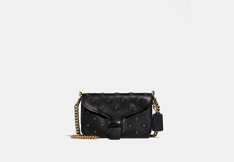 COACH®,COURIER CROSSBODY IN GLOVETANNED LEATHER WITH WHIPSTITCH EYELET AND CROCODILE DETAIL,Leather,Small,Brass/Black,Front View
