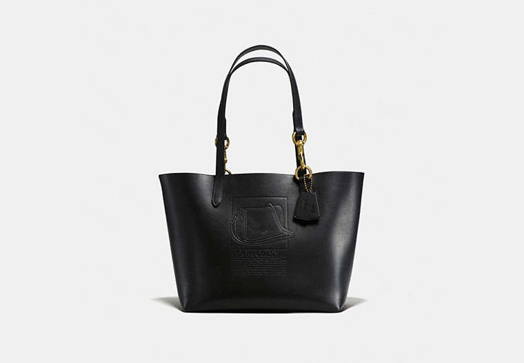 COACH®,TOTE IN GLOVETANNED LEATHER WITH EMBOSSED ARCHIVE PRINT,Leather,Large,Brass/Black,Front View