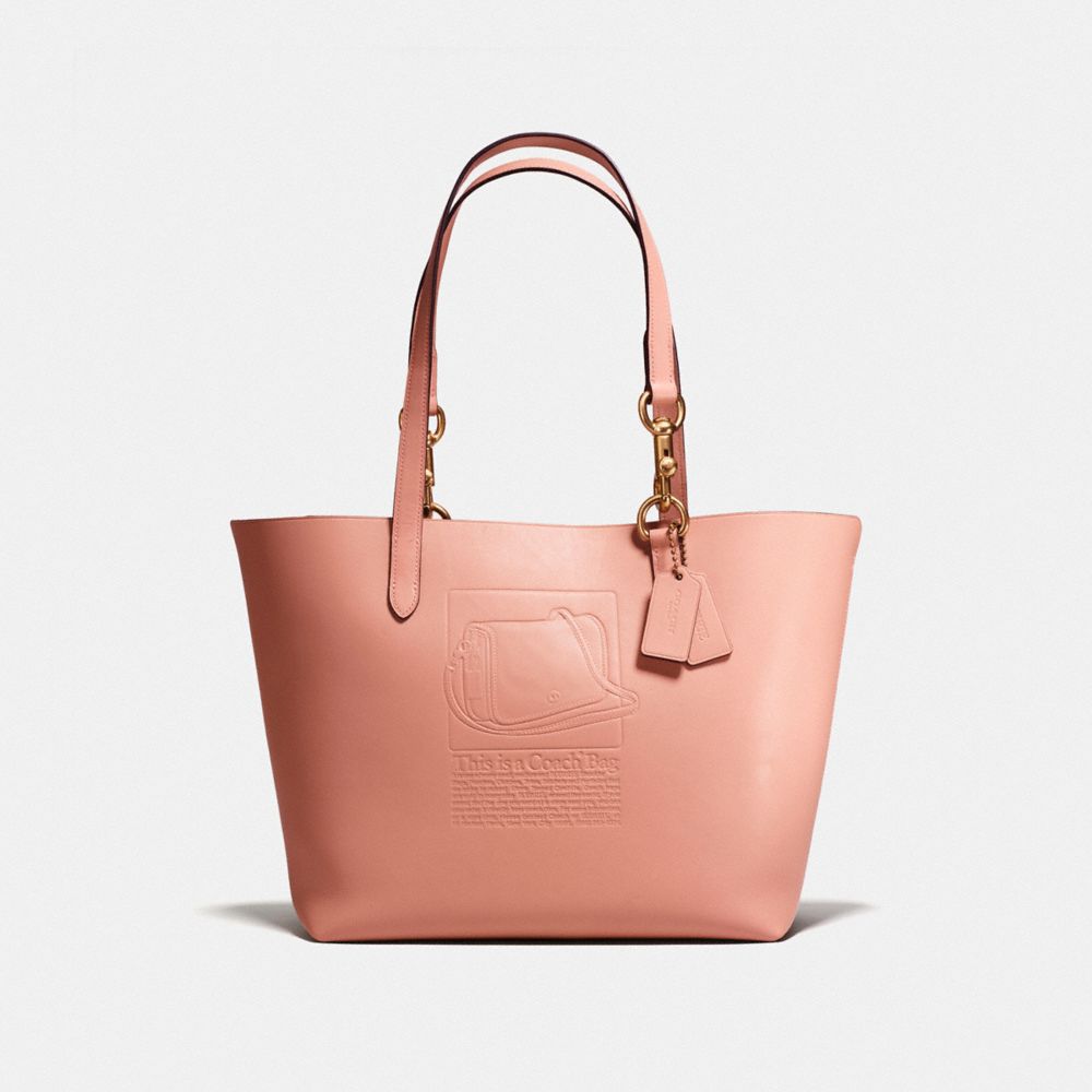 COACH®,TOTE IN GLOVETANNED LEATHER WITH EMBOSSED ARCHIVE PRINT,Leather,Large,OL/Pink,Front View