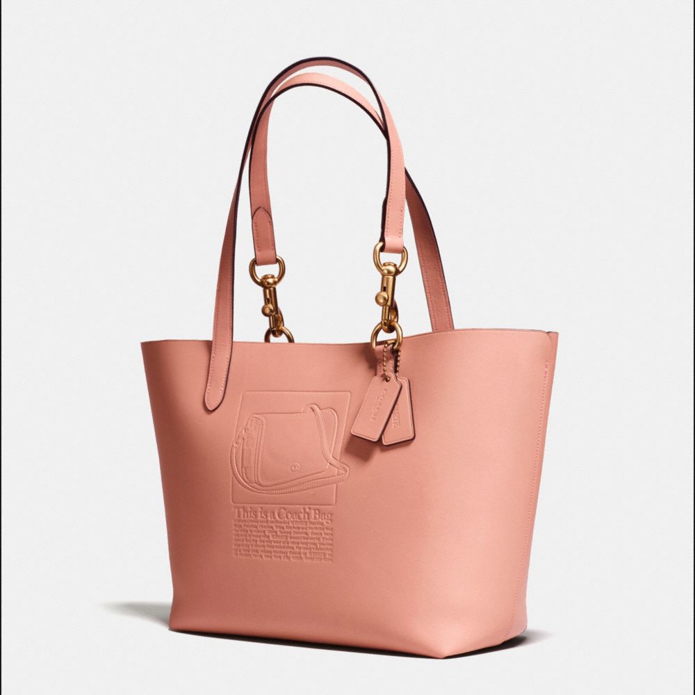 COACH®,TOTE IN GLOVETANNED LEATHER WITH EMBOSSED ARCHIVE PRINT,Leather,Large,OL/Pink,Angle View