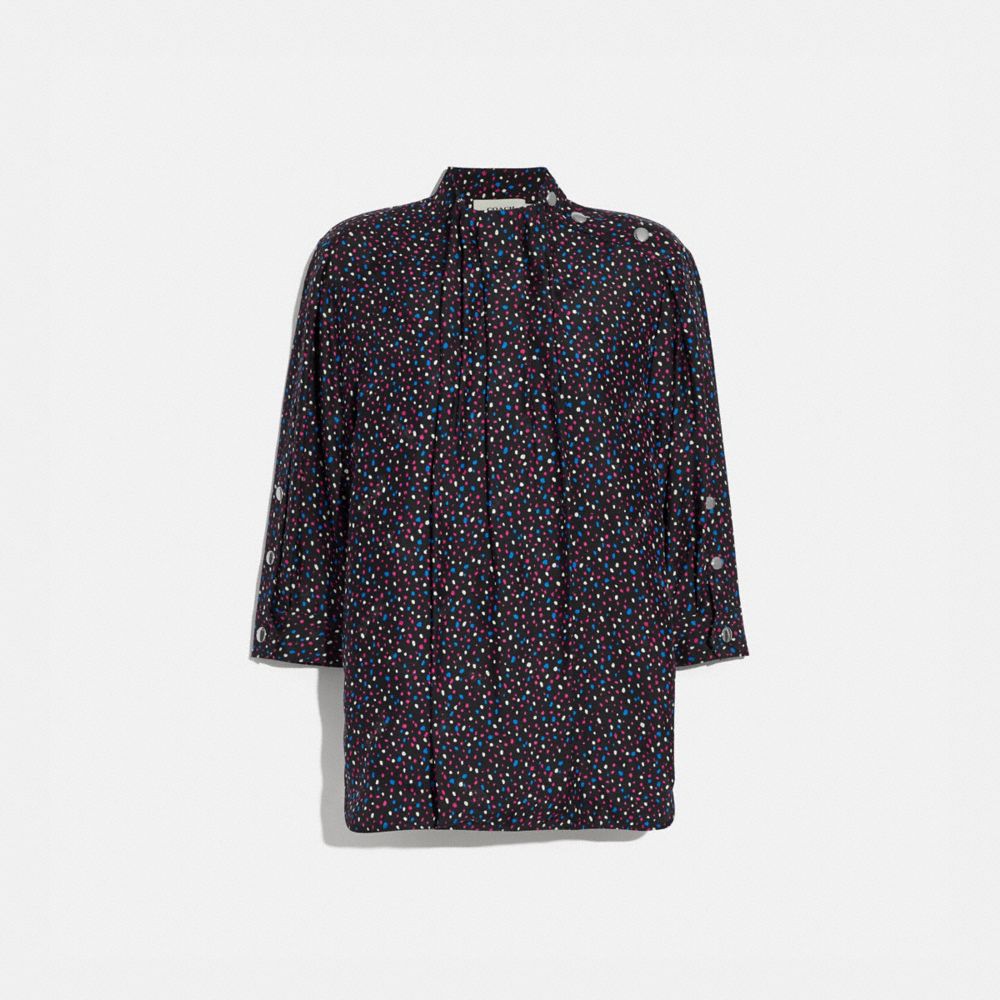 COACH®,DOT PRINT SHORT SLEEVE BLOUSE,Silk,Black/Blue,Front View