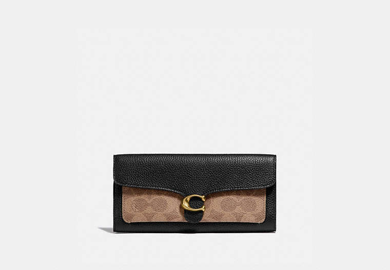 COACH®,TABBY LONG WALLET IN COLORBLOCK SIGNATURE CANVAS,Coated Canvas,Brass/Tan Black,Front View