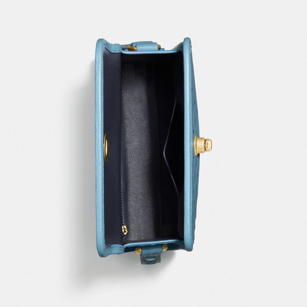 COACH®,TURNLOCK SHOULDER BAG IN OSTRICH,Exotic,Small,Brass/Lapis,Inside View,Top View
