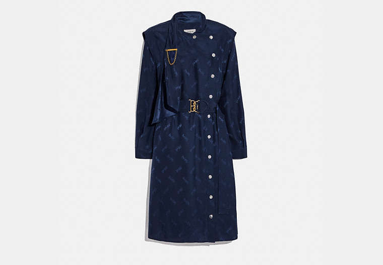 COACH®,JACQUARD ARCHITECTURAL DRAPE BELTED DRESS,Silk,NAVY,Front View image number 0