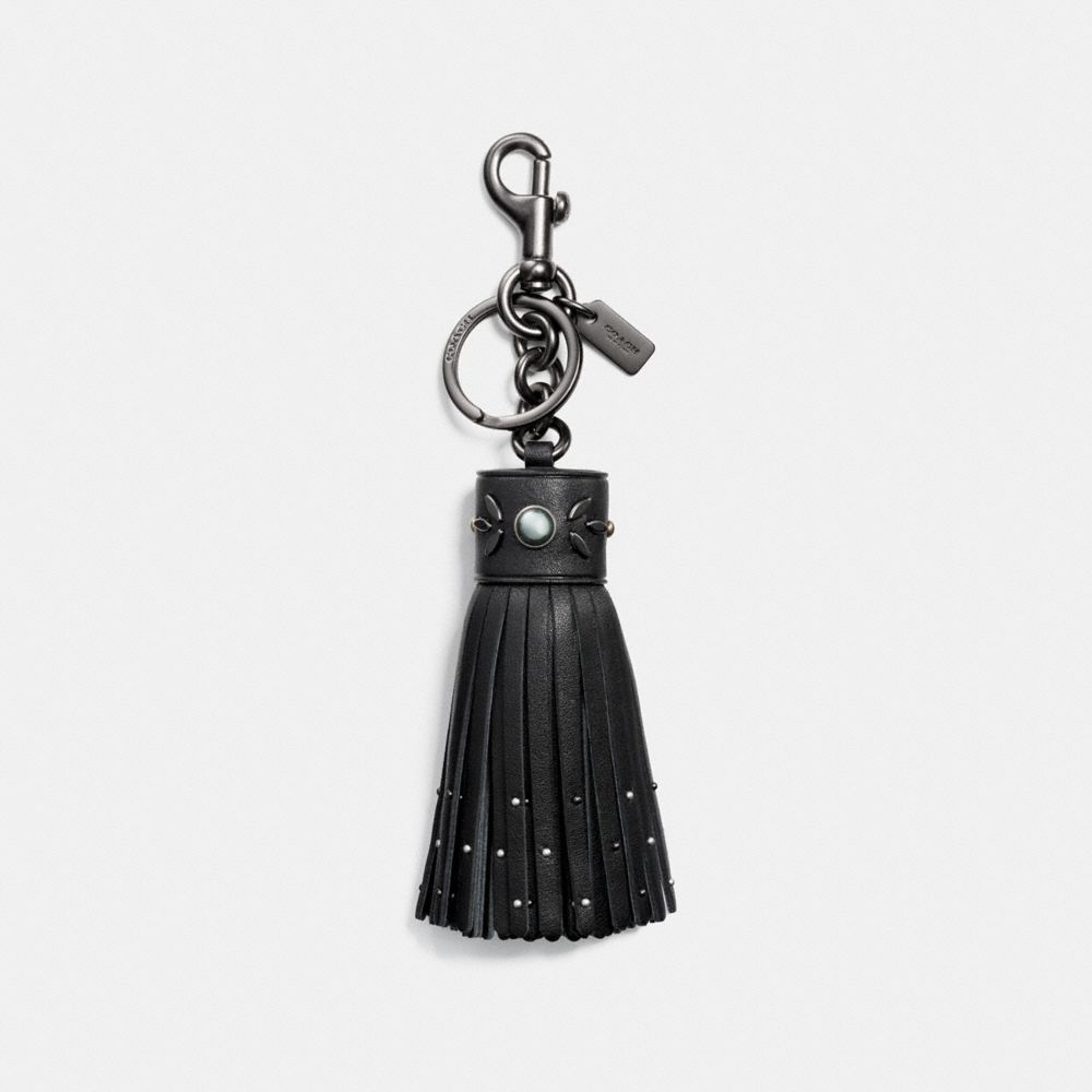 COACH®,TASSEL BAG CHARM,Leather,Black,Front View image number 0