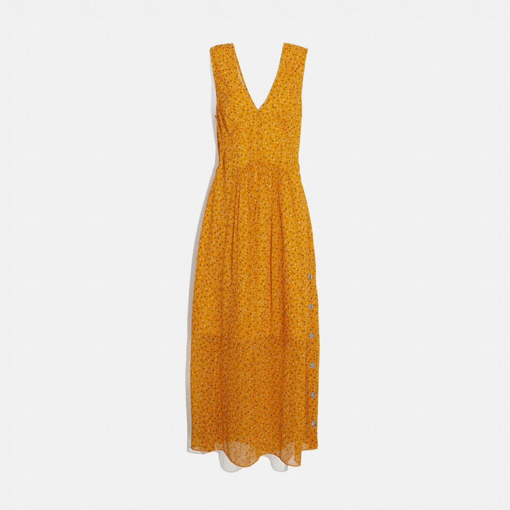 COACH®,SLEEVELESS DOT PRINT V-NECK DRESS,Silk,Yellow/Blue,Front View image number 0