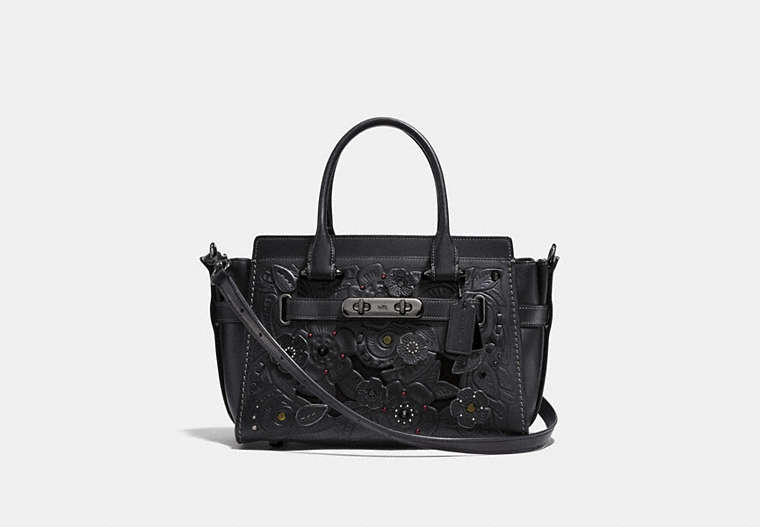 COACH®,COACH SWAGGER 27 WITH TEA ROSE TOOLING,Glovetanned Leather,Large,Gunmetal/Black,Front View