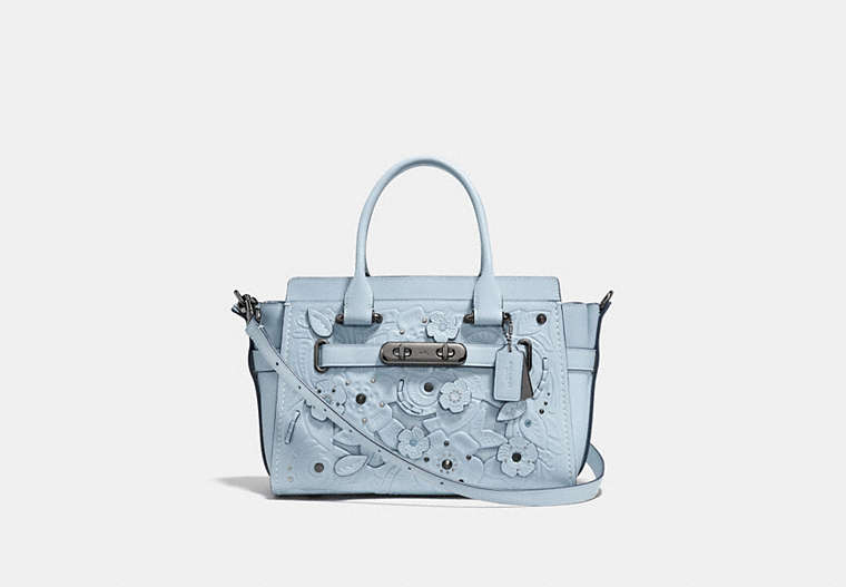 COACH®,COACH SWAGGER 27 WITH TEA ROSE TOOLING,Glovetanned Leather,Large,Dark Gunmetal/Pale Blue,Front View