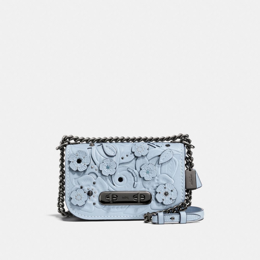 COACH®,COACH SWAGGER SHOULDER BAG 20 WITH TEA ROSE TOOLING,Glovetanned Leather,Mini,Dark Gunmetal/Pale Blue,Front View
