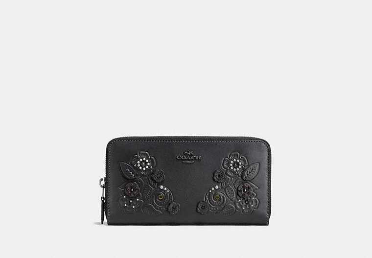 COACH®,ACCORDION ZIP WALLET WITH TEA ROSE AND TOOLING,Leather,Gunmetal/Black,Front View