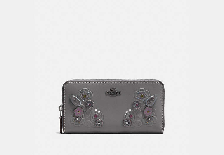 COACH®,ACCORDION ZIP WALLET WITH TEA ROSE AND TOOLING,Leather,Dark Gunmetal/Heather Grey,Front View