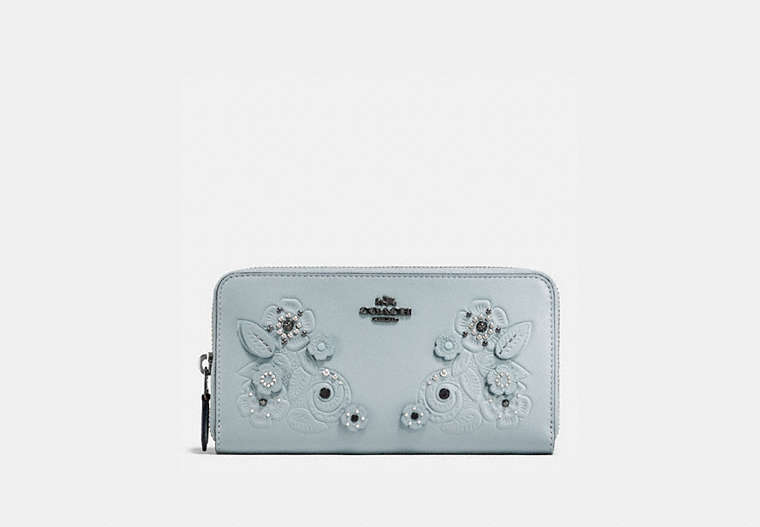 COACH®,ACCORDION ZIP WALLET WITH TEA ROSE AND TOOLING,Leather,Dark Gunmetal/Pale Blue,Front View