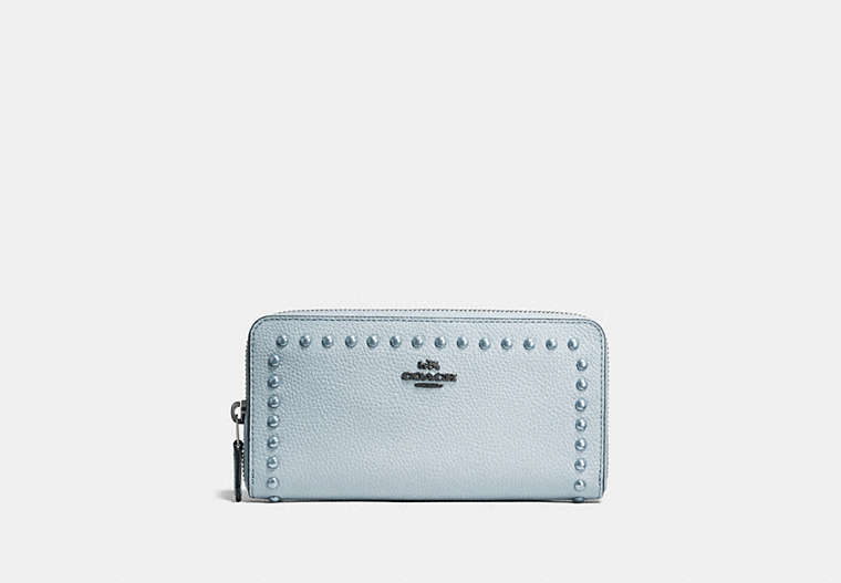 COACH®,ACCORDION ZIP WALLET WITH LACQUER RIVETS,Polished Pebble Leather,Dark Gunmetal/Pale Blue,Front View