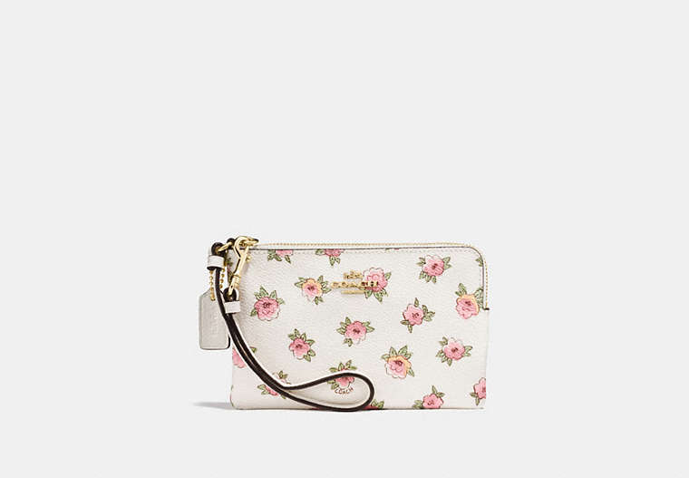 COACH®,SMALL WRISTLET WITH FLOWER PATCH PRINT,pvc,Light Gold/Flower Patch,Front View