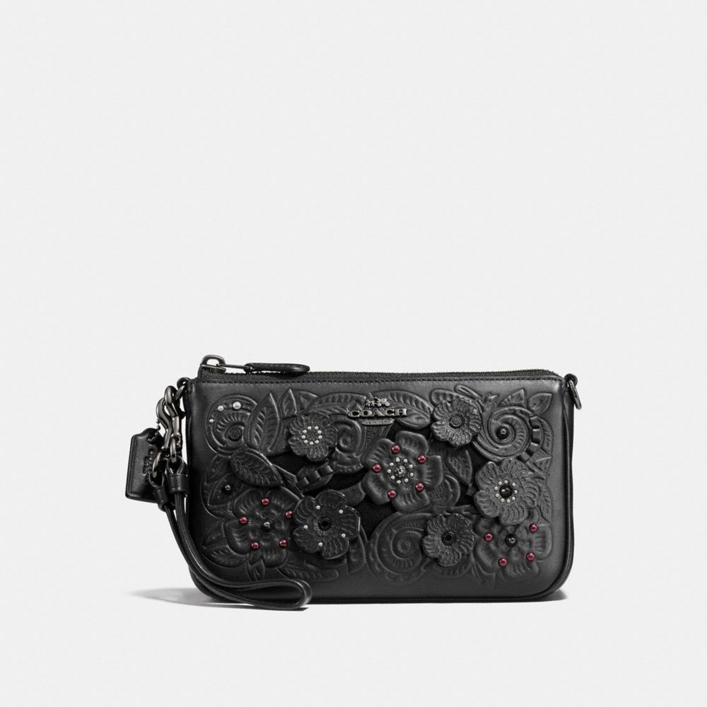 COACH®,NOLITA WRISTLET 19 WITH TEA ROSE AND TOOLING,Glovetanned Leather,Gunmetal/Black,Front View