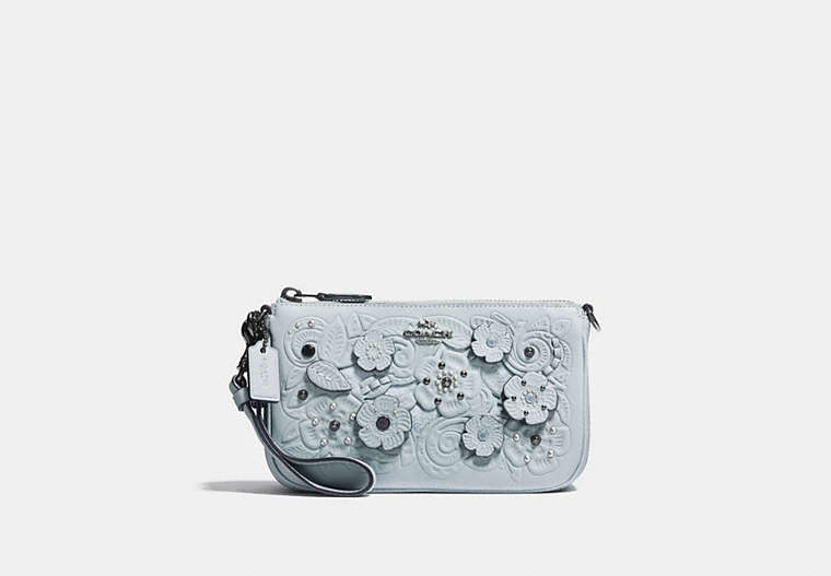 COACH®,NOLITA WRISTLET 19 WITH TEA ROSE AND TOOLING,Glovetanned Leather,Dark Gunmetal/Pale Blue,Front View