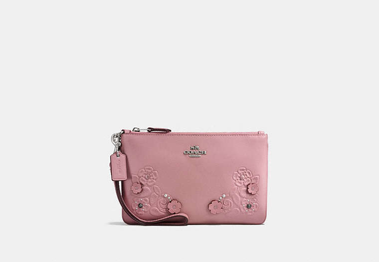 COACH®,SMALL WRISTLET WITH TEA ROSE AND TOOLING,Leather,Light Antique Nickel/Dusty Rose,Front View