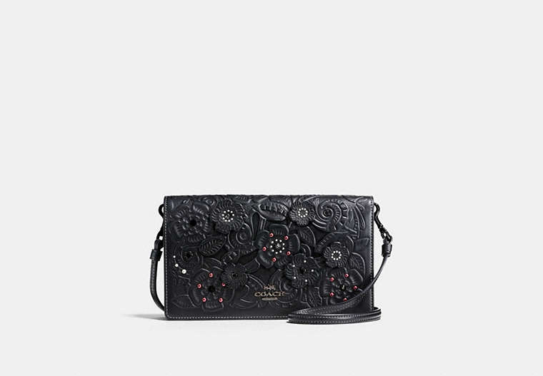 COACH®,FOLDOVER CROSSBODY CLUTCH WITH TEA ROSE AND TOOLING,Glovetanned Leather,Mini,Gunmetal/Black,Front View
